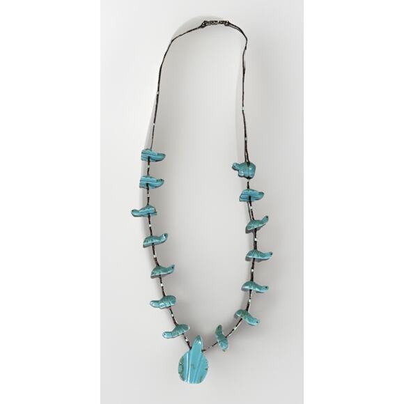 Native American Zuni Turquoise Turtle Multi Animal Fetish Heishi Shell Necklace - Picture 10 of 14